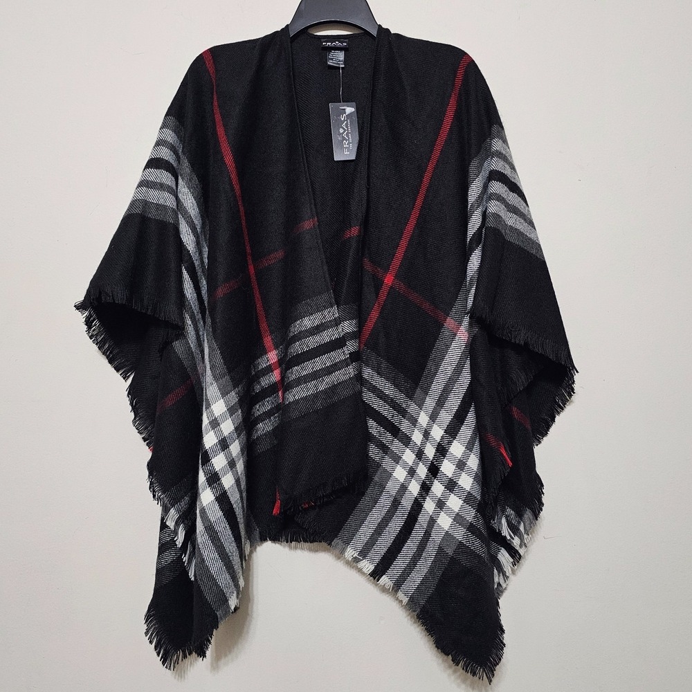 FRAAS Women's Poncho One Size Black White Red Plaid Long Sleeves Open Front 1049